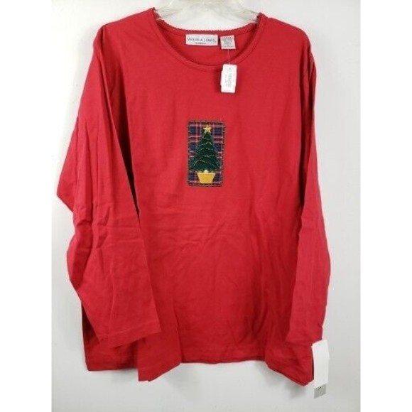 Victoria Jones Womens top red 2X long /sleeve tee Christmas tree NEW - Picture 1 of 10